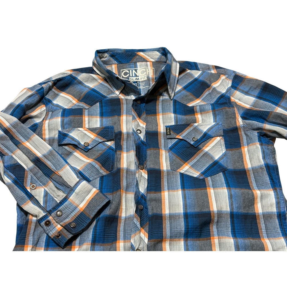 Cinch Slim Fit Mens Western Snap Shirt Blue Orange Plaid Long Sleeve Medium